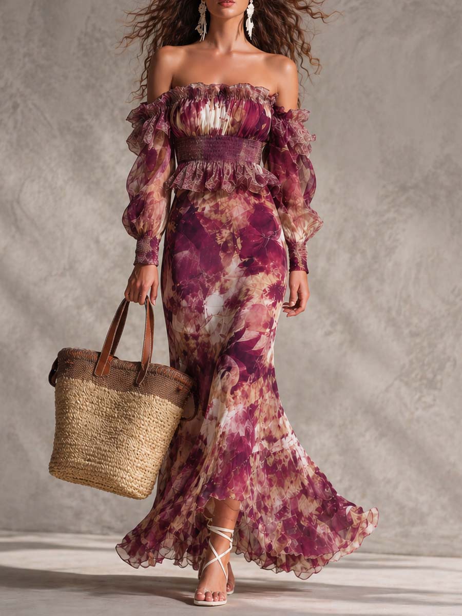 Abito Maxi in Chiffon Rosa con Fiori Off-Shoulder