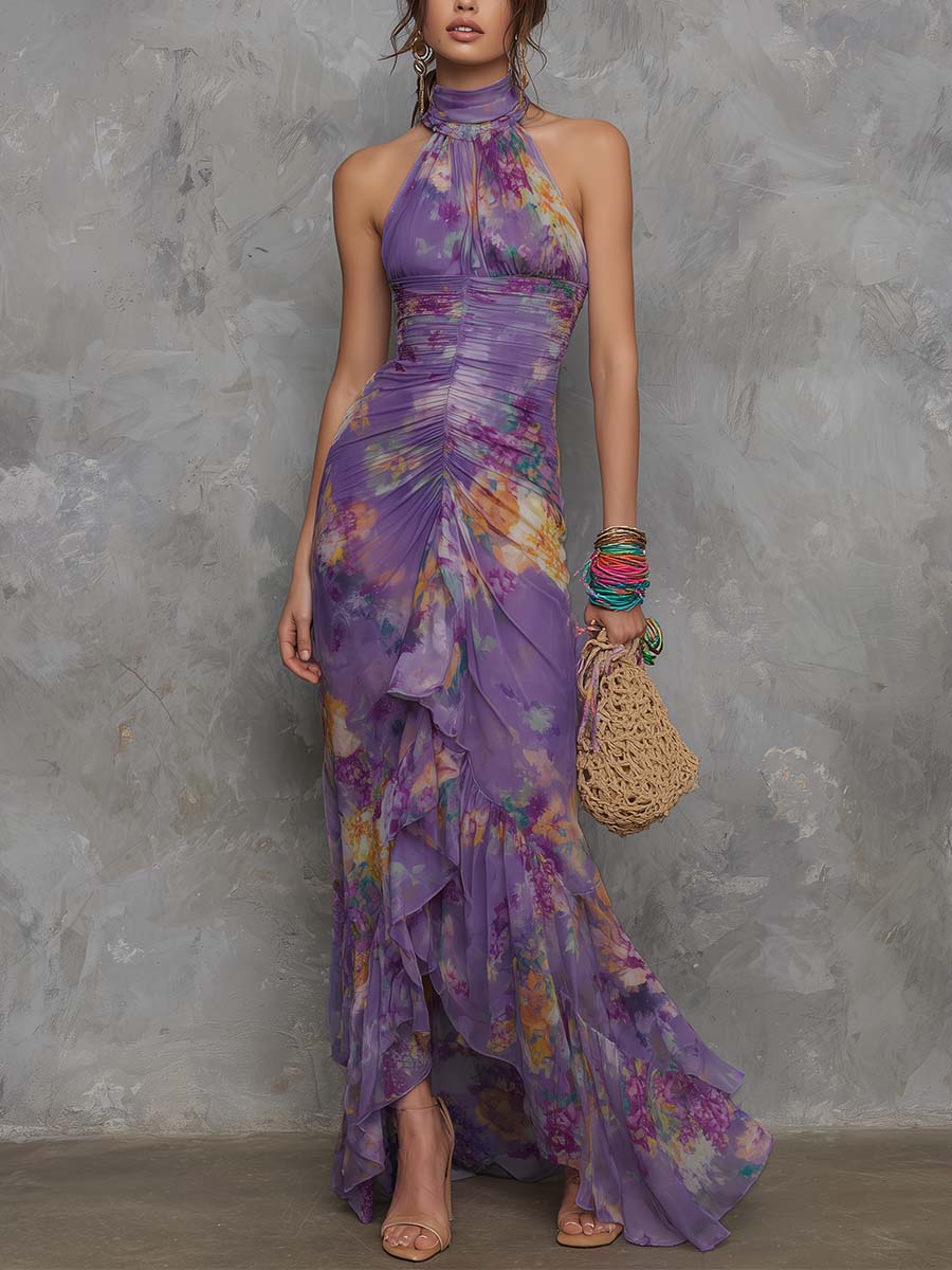 Elegante Vestito Maxi in Chiffon Viola con Scollo All&