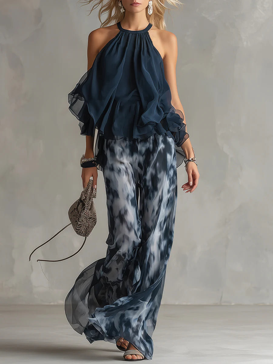 Top con Collo Halter Navy e Set di Pantaloni a Gamba Larga Stampati in Chiffon