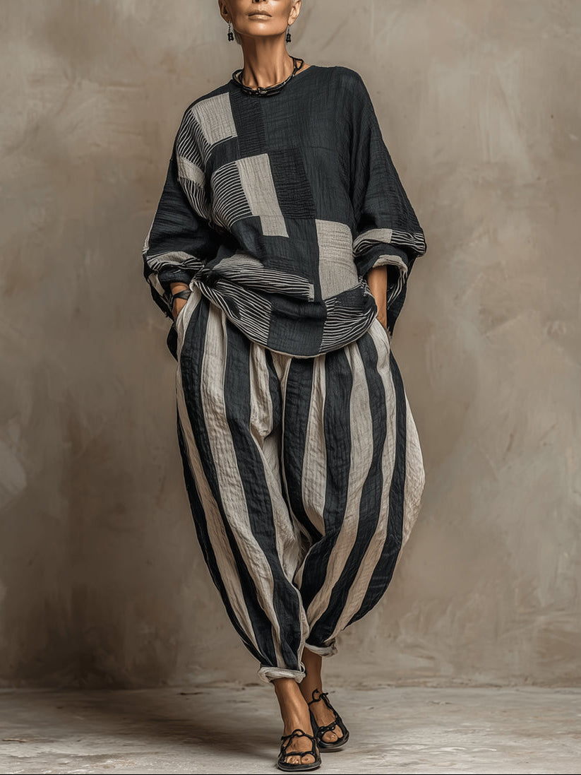 Set di Top e Pantaloni a Maniche Lunghe Stampato Color Block Casual