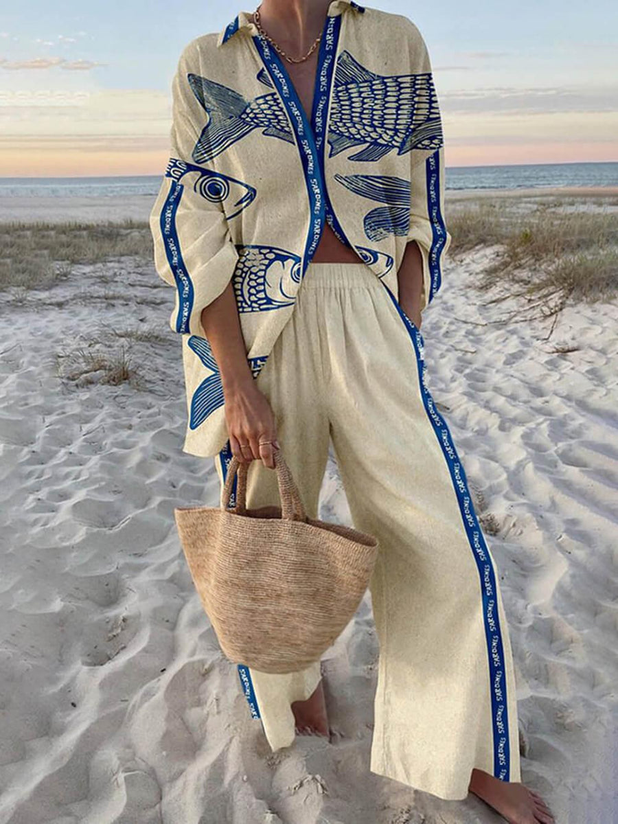 Set di Camicia Oversize con Stampa Oceanica e Pantaloni con Vita Elastico e Tasche