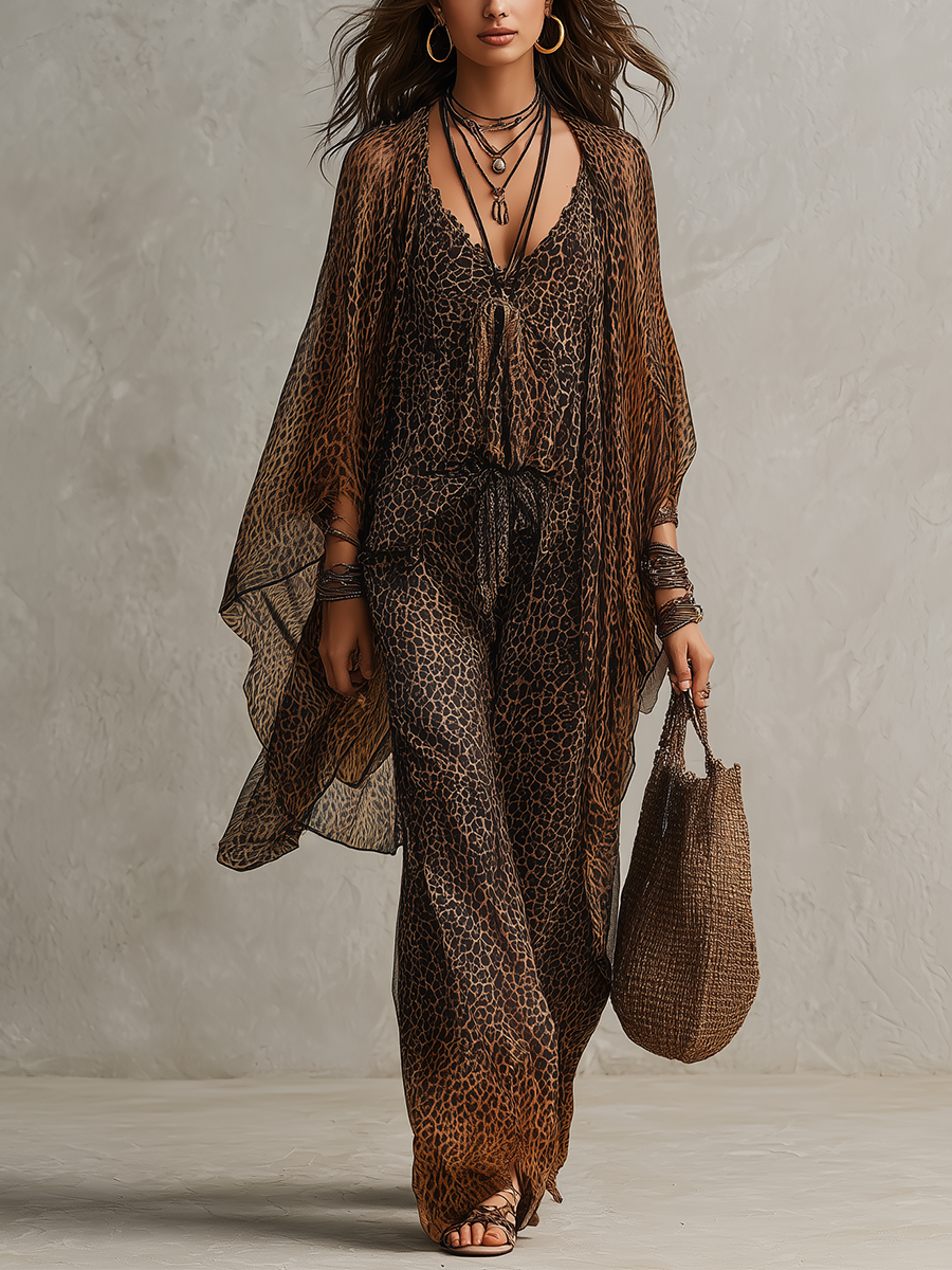 Set di Accappatoio Fluttuante a Stampa Leopardo Gradient Bohemien Tre Pezzi