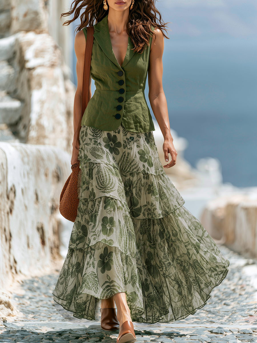 Gilet Senza Maniche Verde Oliva & Gonna Maxi A Balze Boho Verde Floreale Due Pezzi