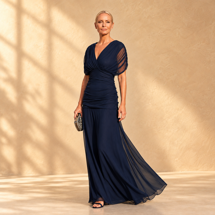 Oceano | Abito lungo in chiffon blu che segna la vita