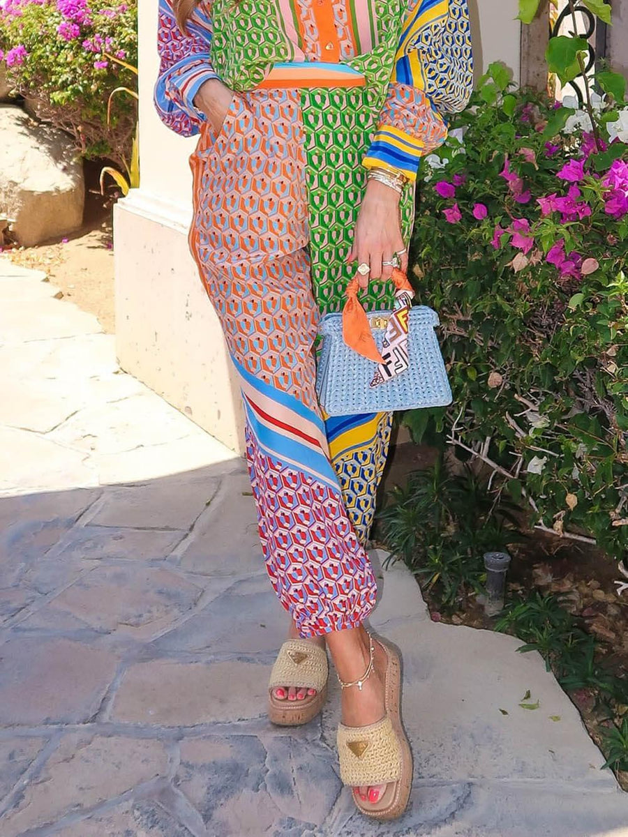 Pantaloni Bloomers Larghi con Tasche e Vita Elastica a Stampa Unica Colorata