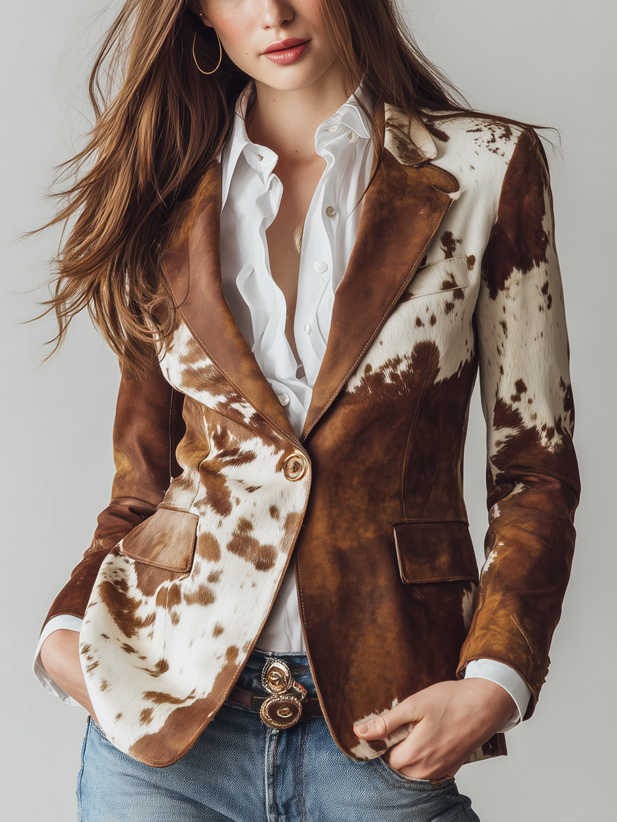 Blazer Vintage da Donna con Stampa Animalier Mucca