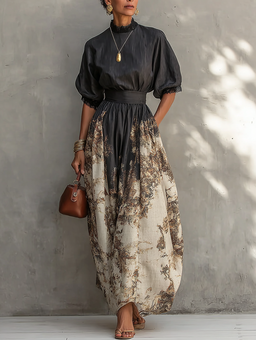 Elegante Abito Maxi A-Line con Collo Rotondo e Stampa a Blocco di Colore