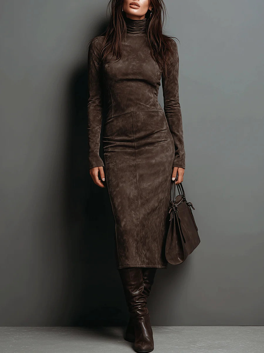 Brina | Abito midi scamosciato a collo alto per l&