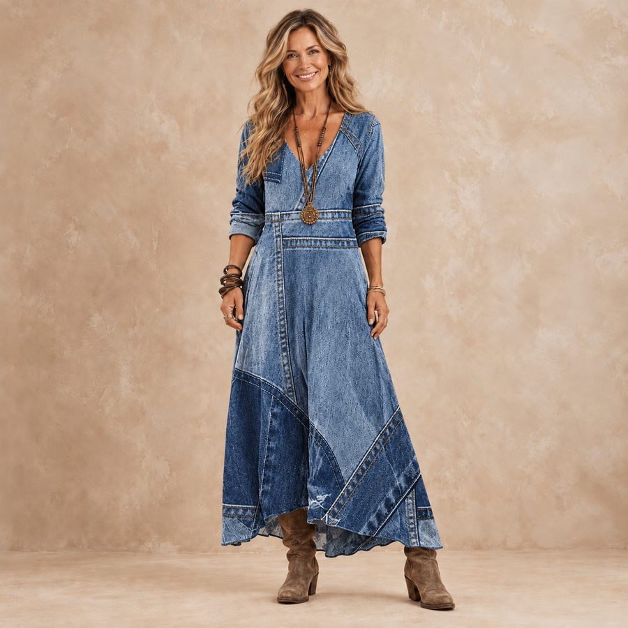 Genziana | Abito lungo effetto denim che segna la vita