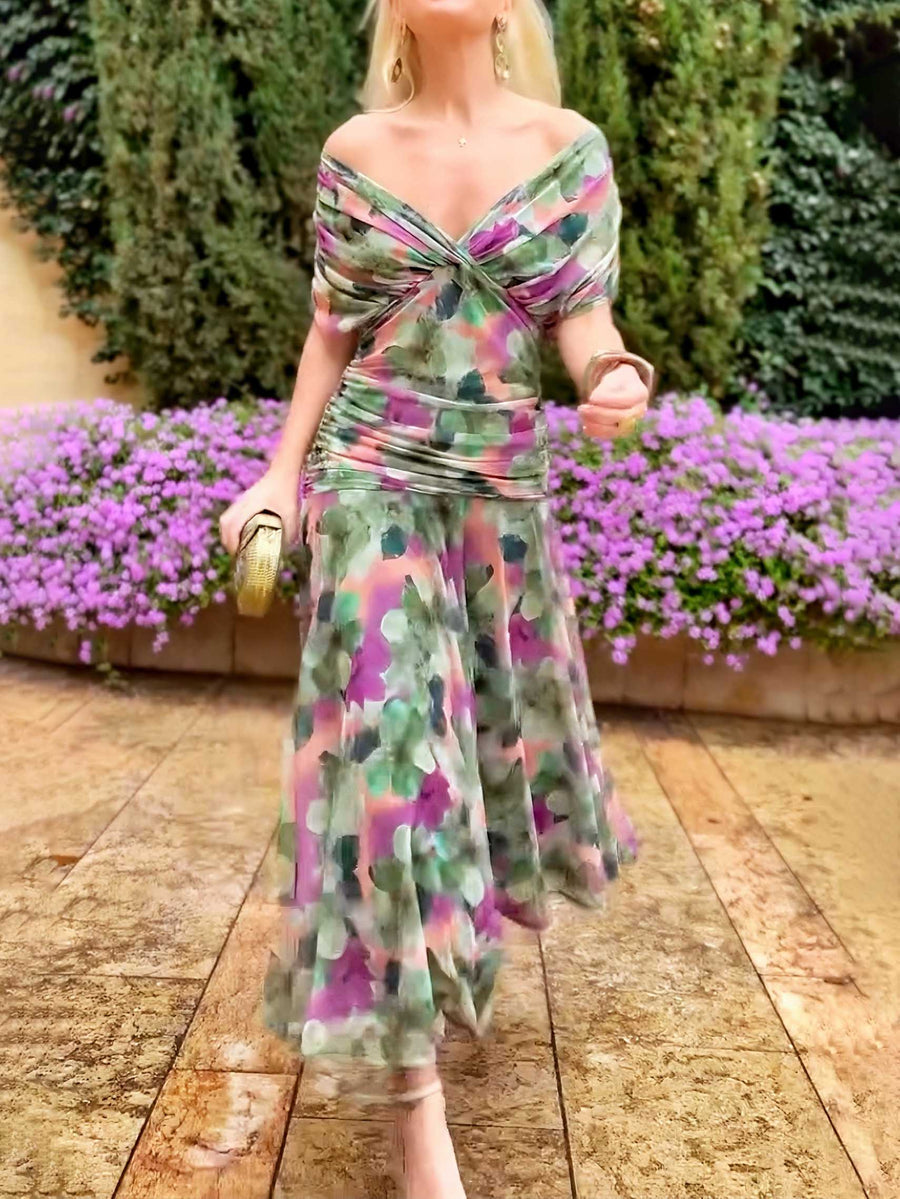 Elegante Maxi Dress da Festa con Scollo a V e Stampa Floreale Fantasia