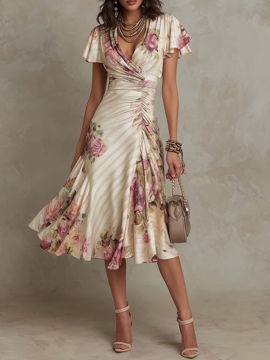 Elegante vestito midi in satin floreale vintage