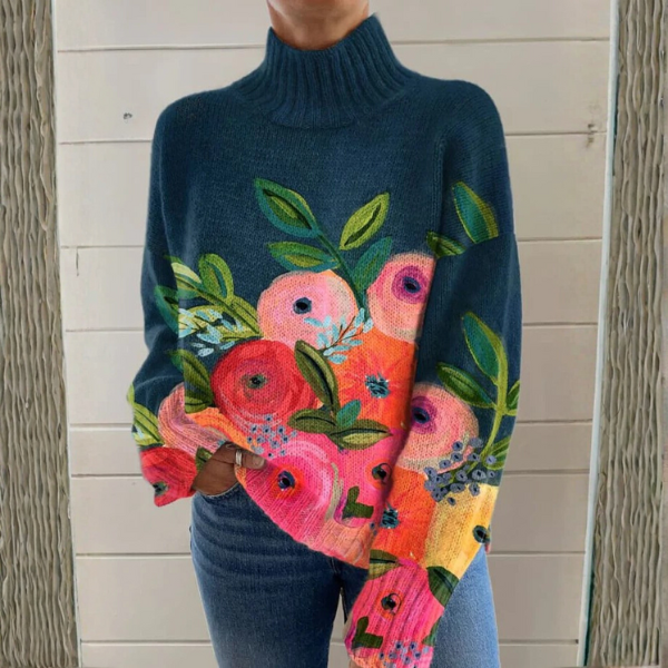 Rosina | Maglione Collo Alto con Fiori Dipinti