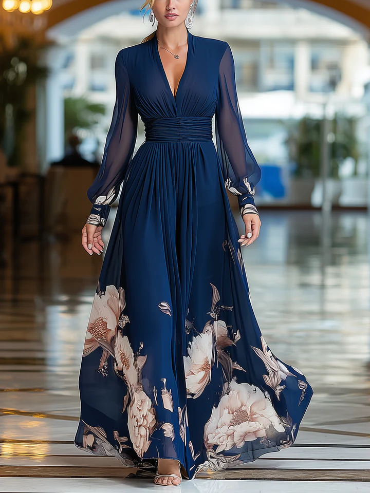Abito Maxi Plissettato Floreale con Maniche in Tulle V-Scollato Blu Navy
