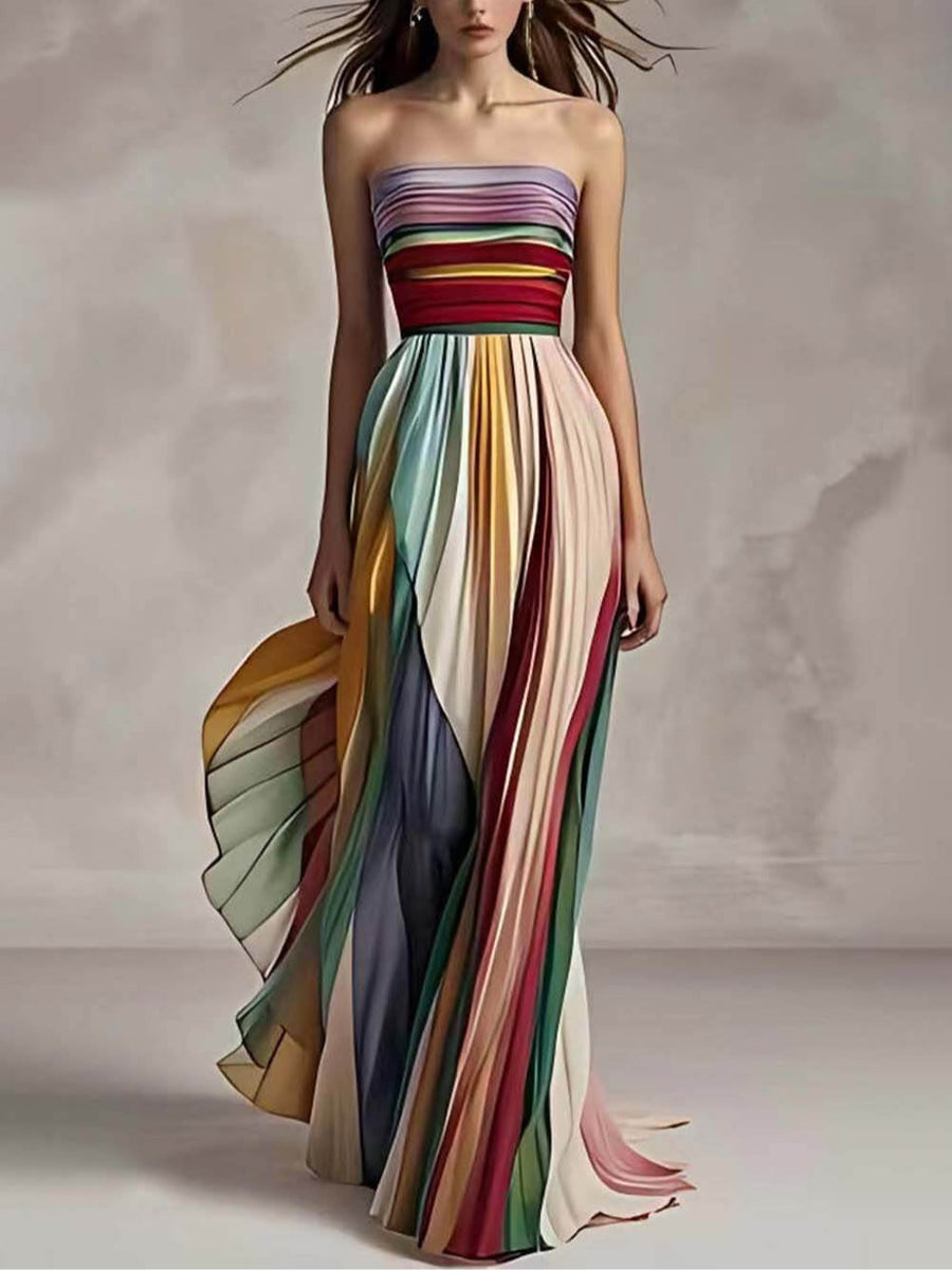 Abito Maxi Plissettato Off-shoulder con Stampa a Righe Elegante