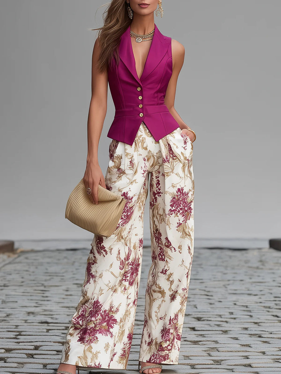 Set di Gilet Senza Maniche Rosa e Pantaloni Ampi Stampati a Fiori