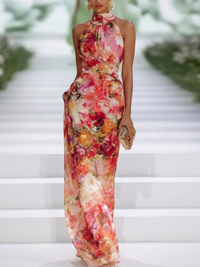 Abito Maxy senza maniche in Chiffon Rosso con Scollo All&