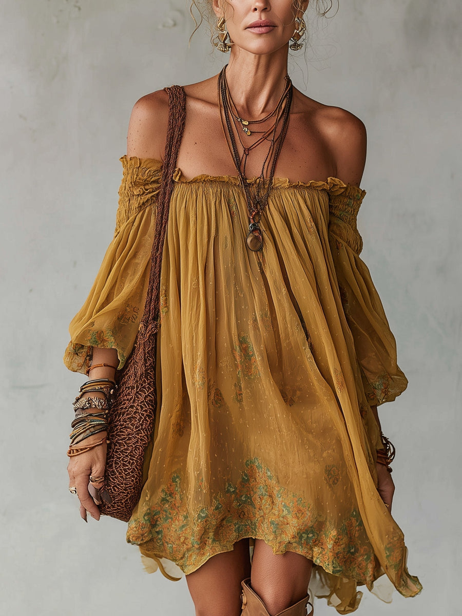 Abito Mini Off Shoulder in Chiffon Giallo con Fantasia Floreale