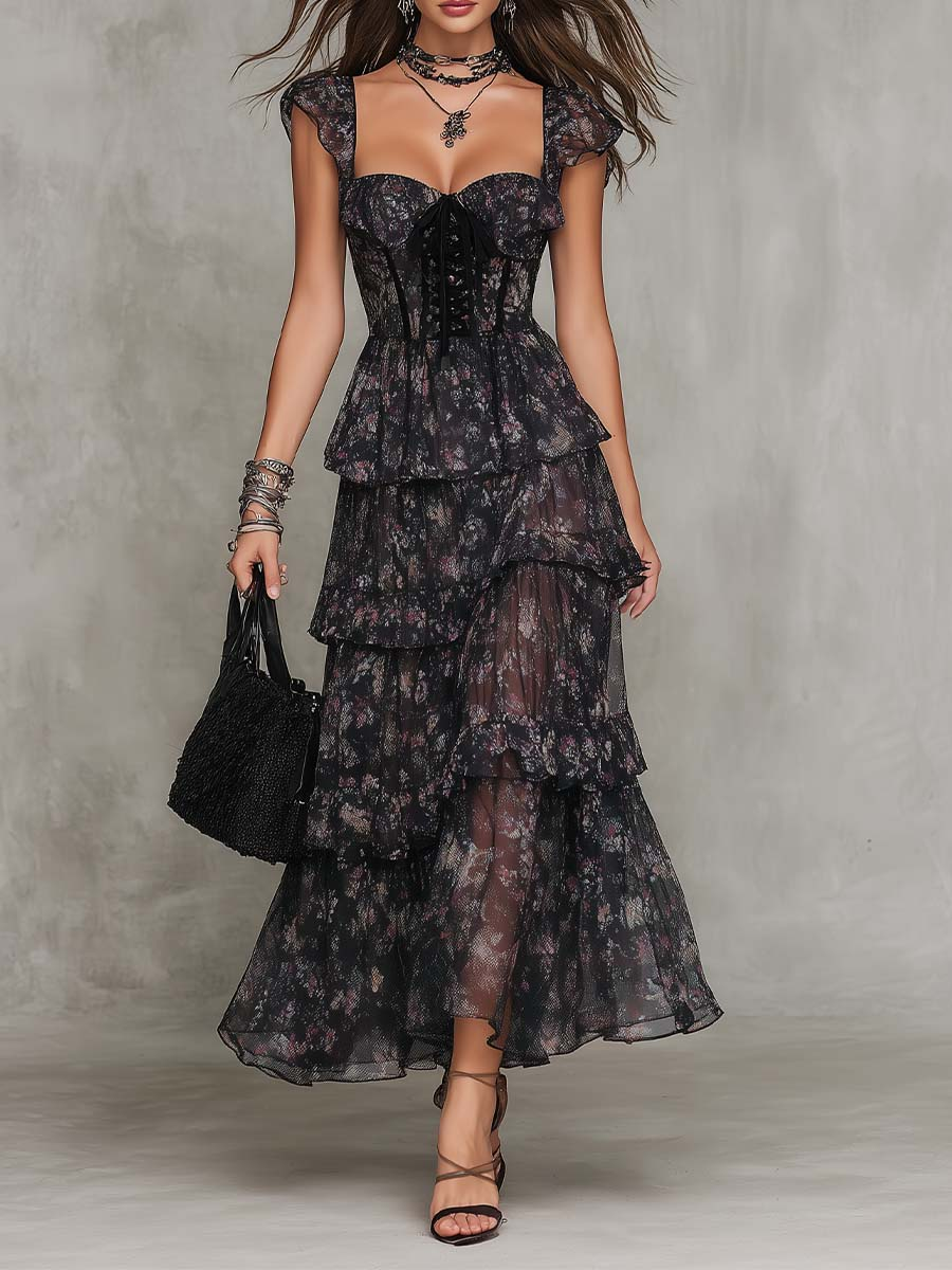 Abito Maxi in Chiffon a Balze con Corsetto Floreale Gotico
