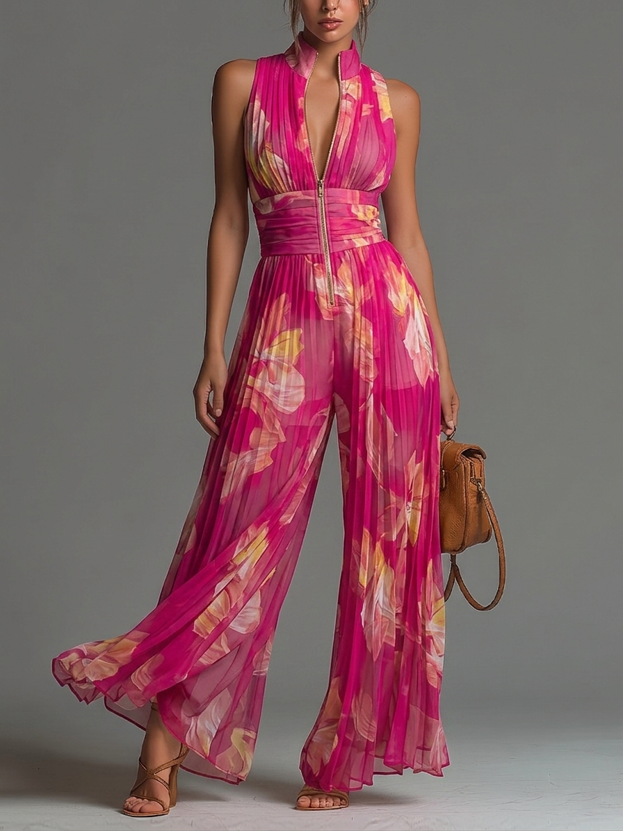 Tuta in Chiffon Fucsia con Stampa Floreale Senza Maniche e Pieghe a Gamba Larga