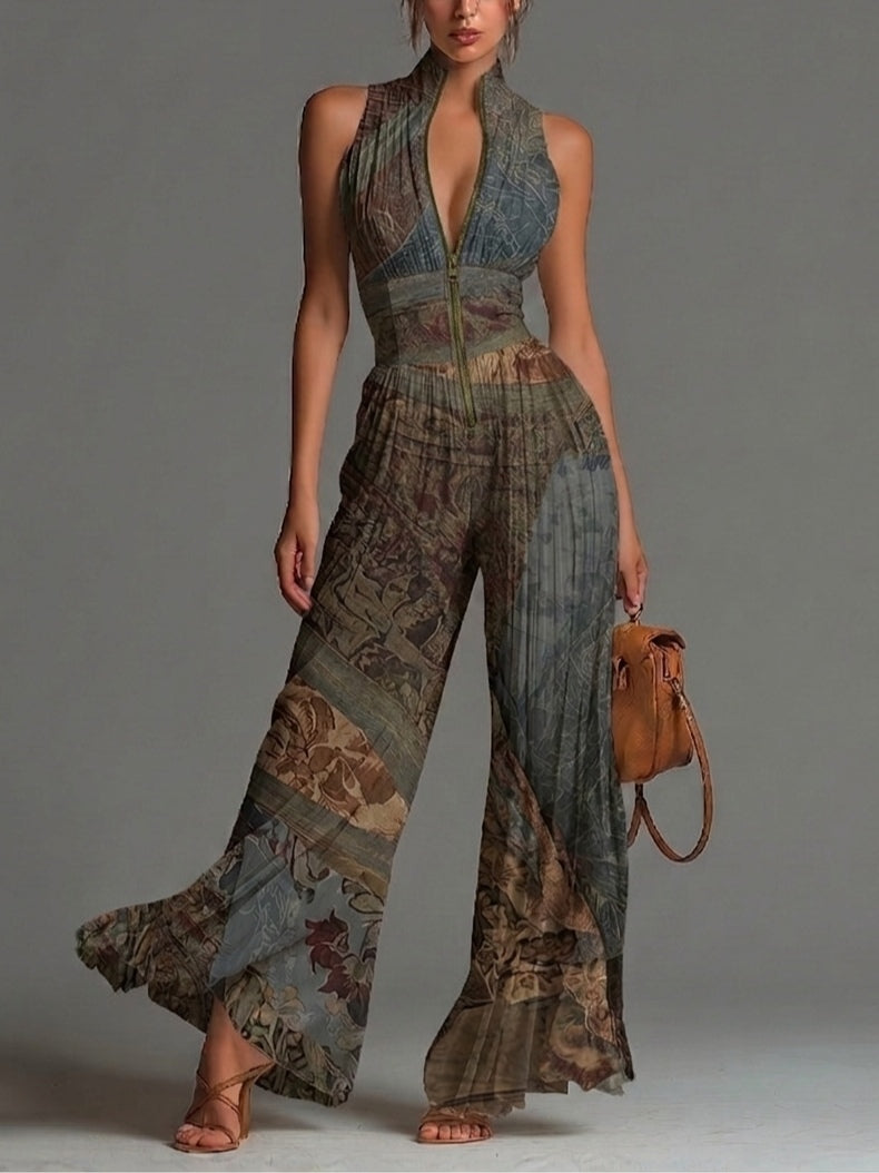 Tuta senza maniche in chiffon plissettato con zip e stampa etnica bohemien