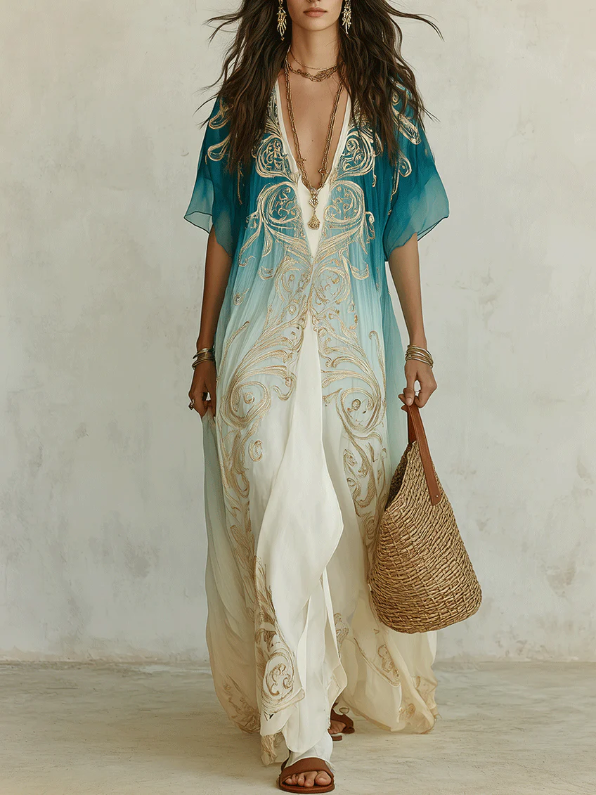 Abito Maxi Kaftan Stampato in Oro Gradient