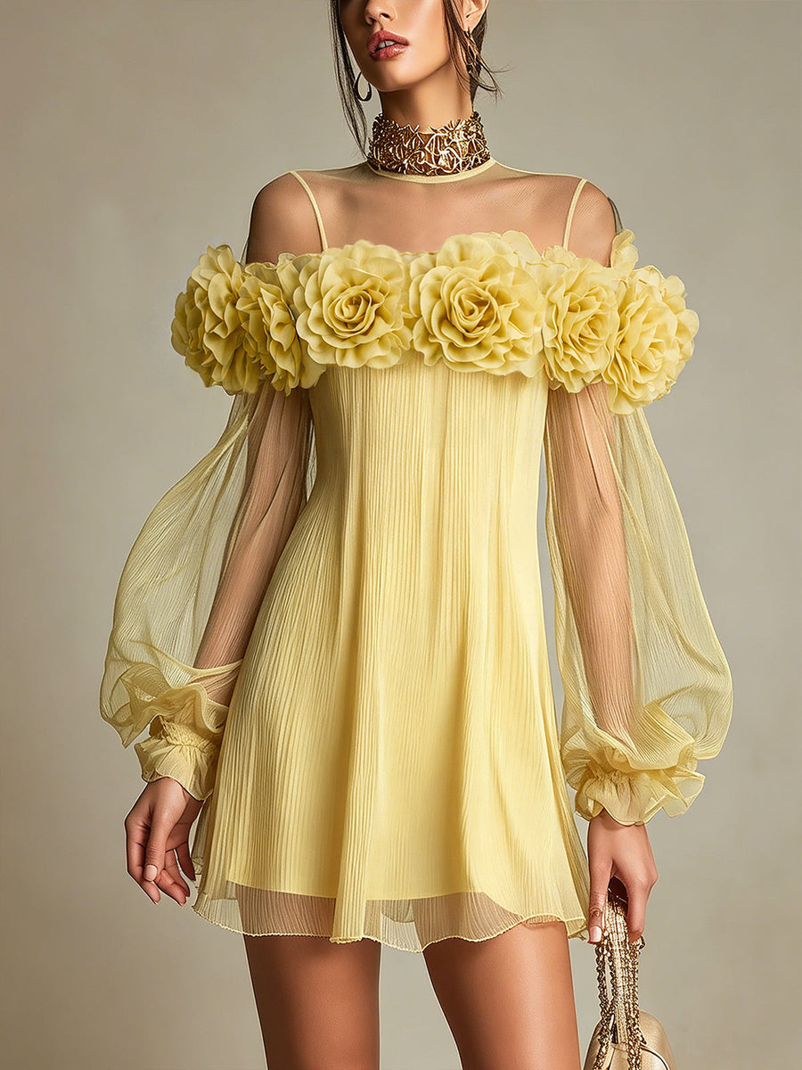 Abito Mini in Chiffon Pieghettato Giallo Romantico 3D per Occasioni Speciali