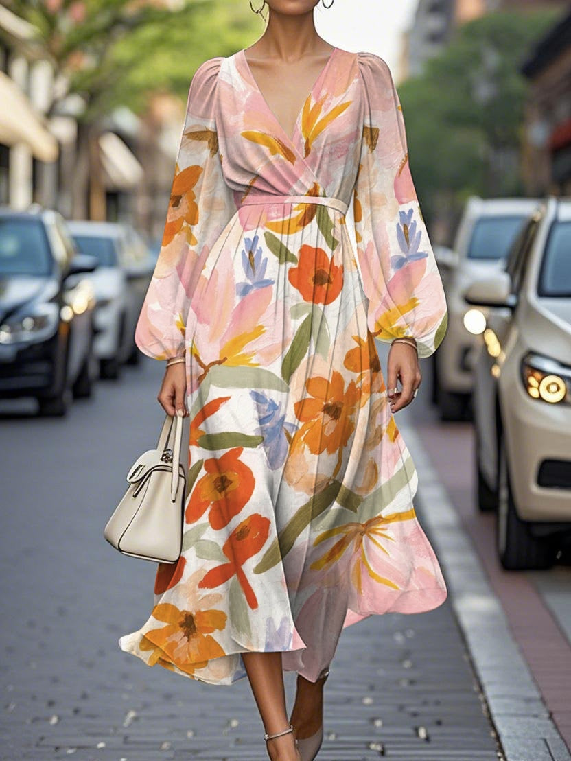 Abito Midi Plissettato in Chiffon con V-scollo e Fiori Eleganti