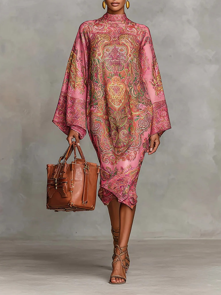 Abito Midi Flared a Maniche Lunghe con Stampa Paisley Rosa