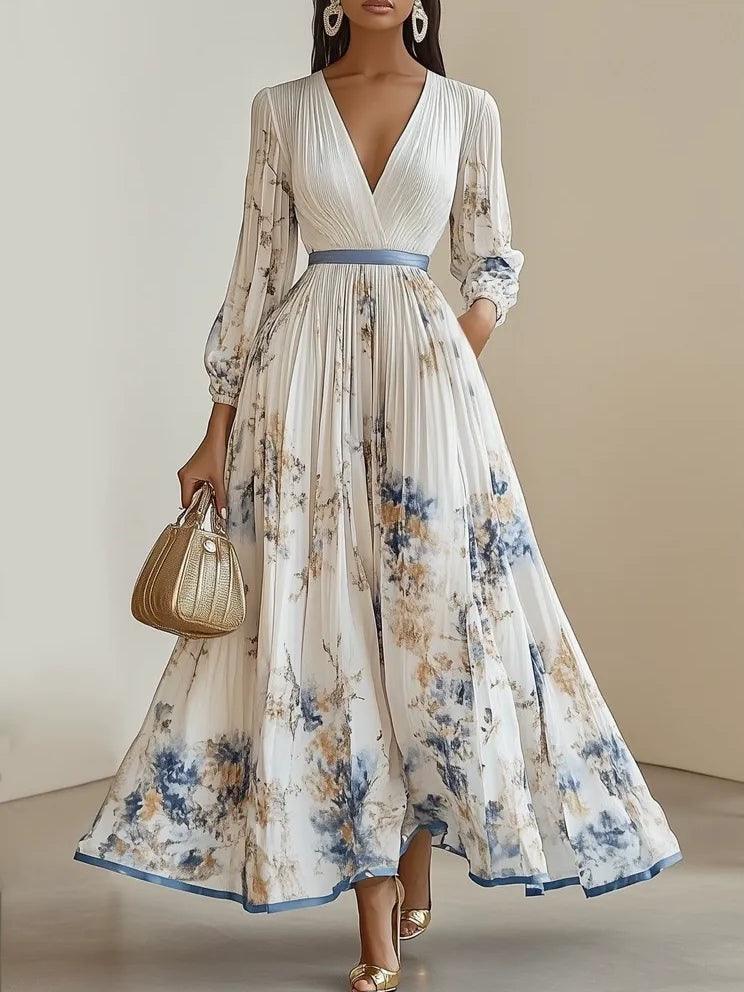 Abito Maxi A-Line in Chiffon Bianco Pieghettato con V Collo e Maniche a Palloncino