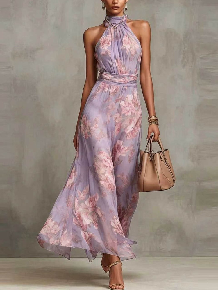 Abito Maxi Halter in Chiffon Floreale Rosa