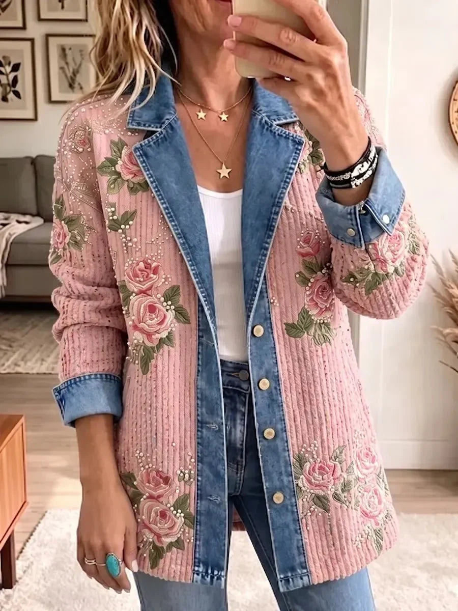 Aria | Giacca Rosa Ricamata con Perline e Dettagli Jeans