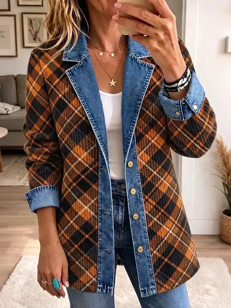 Camila | Giacca a Quadri Marrone e Nero con Dettagli Jeans