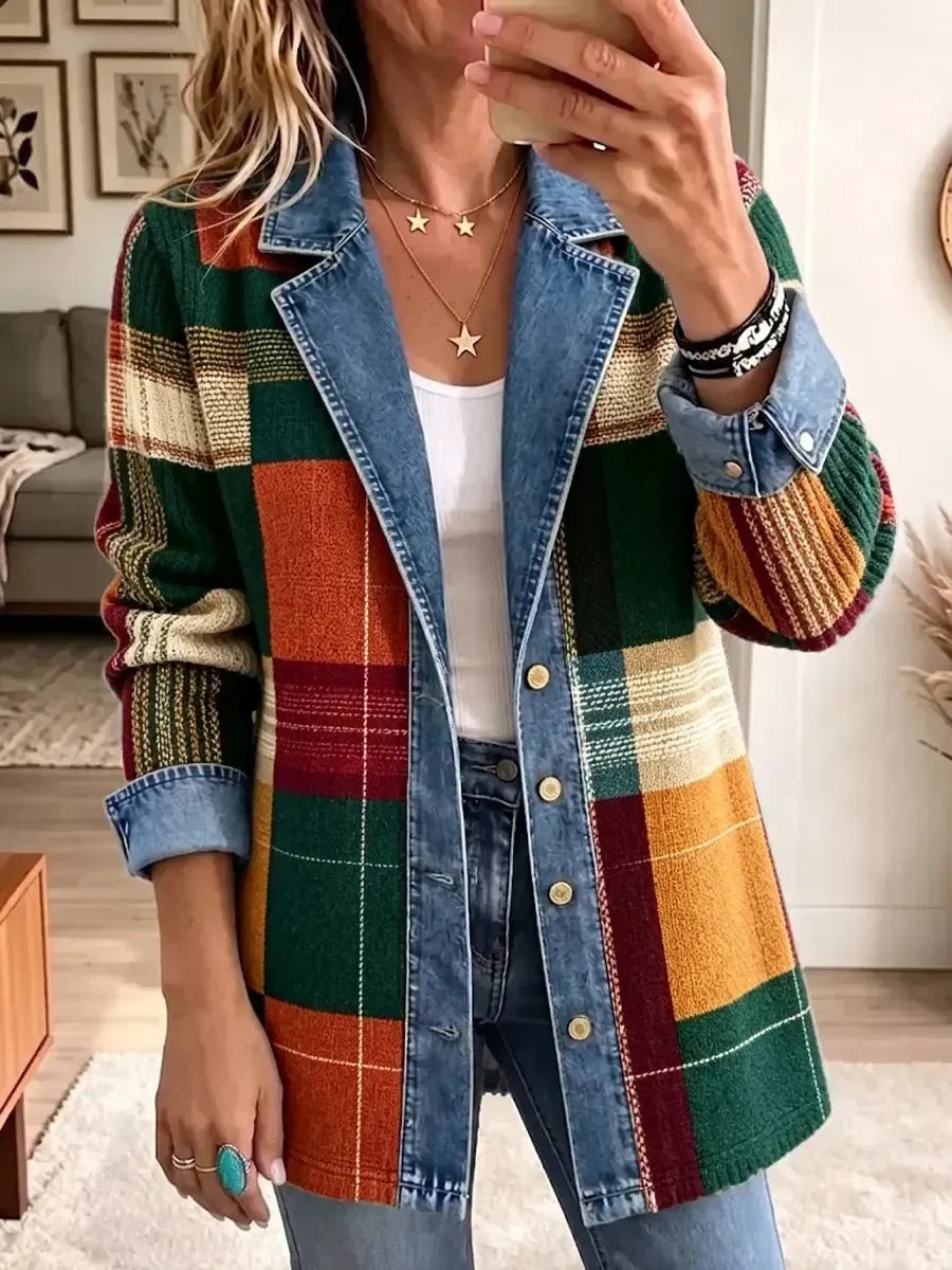 Ella | Giacca in Maglia a Quadri Colorati con Dettagli Jeans