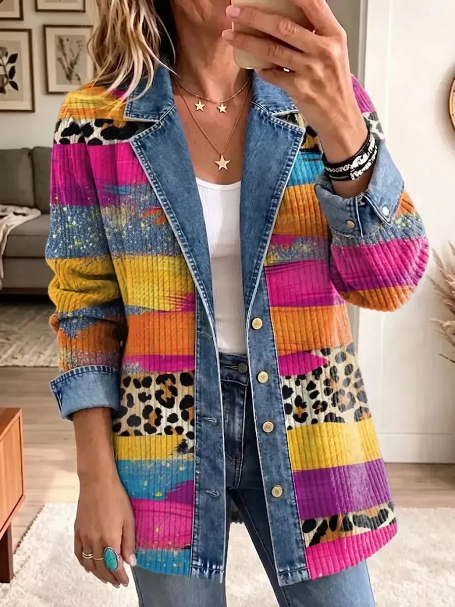 Victoria | Giacca Patchwork Righe e Leopardo con Dettagli Jeans