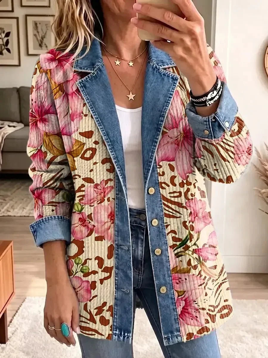Luna | Giacca Trapuntata a Fiori Rosa con Dettagli Jeans