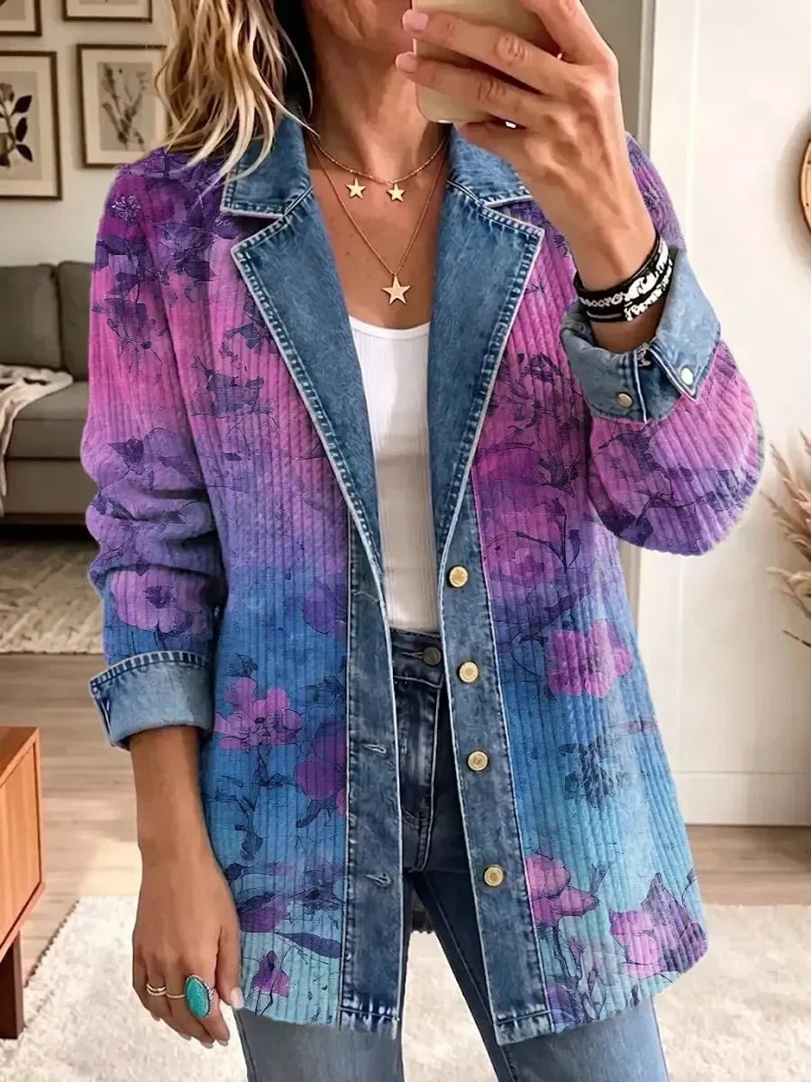 Evelyn | Giacca Trapuntata a Fiori Viola con Dettagli Jeans