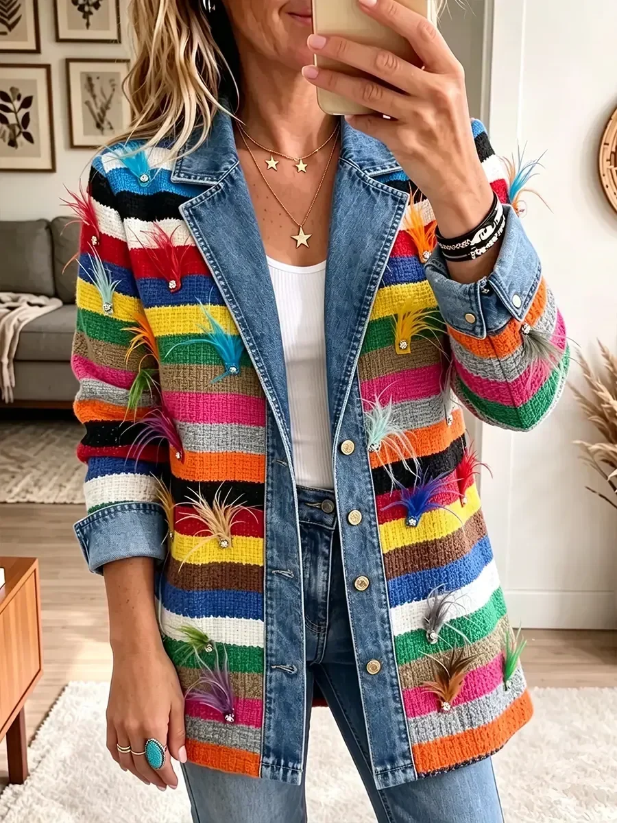 Mia | Giacca a Righe con Piume Colorate e Dettagli Jeans