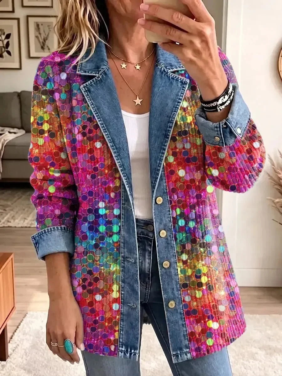 Eleanor | Giacca Lunga con Paillettes Multicolore e Dettagli Jeans