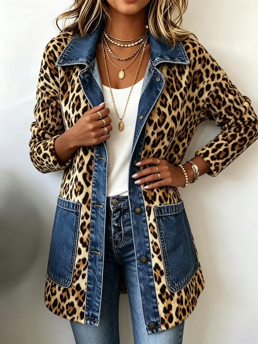Giacca lunga leopardata con inserti in denim a contrasto