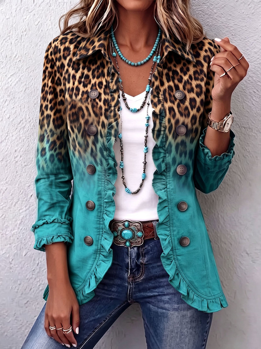 Giacca blazer leopardata sfumata con volant