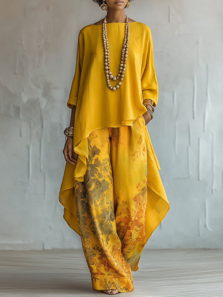 Set Top Asimmetrico Giallo e Pantaloni a Gamba Larga con Fantasia