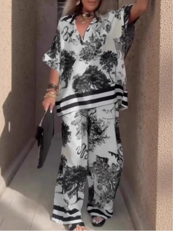Set di top corto a maniche corte con scollo a V stampato e pantaloni a gamba larga