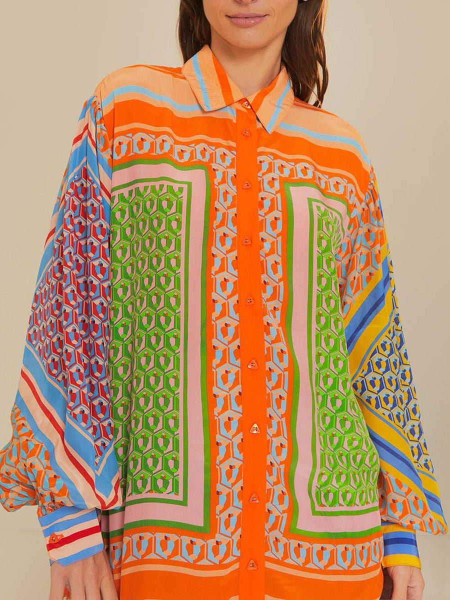 Camicia Loose con Maniche a Palloncino e Stampa Unica Colorata