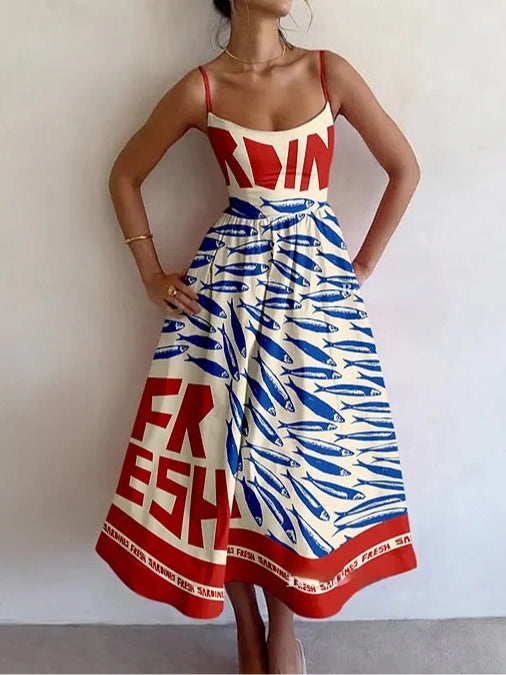 Abito con bretelle in stampa vintage di sardine