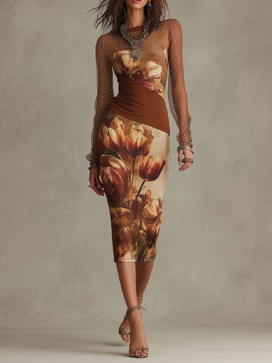 Abito midi aderente in rete con stampa tulipani vintage e pois, maniche lunghe e vita arricciata