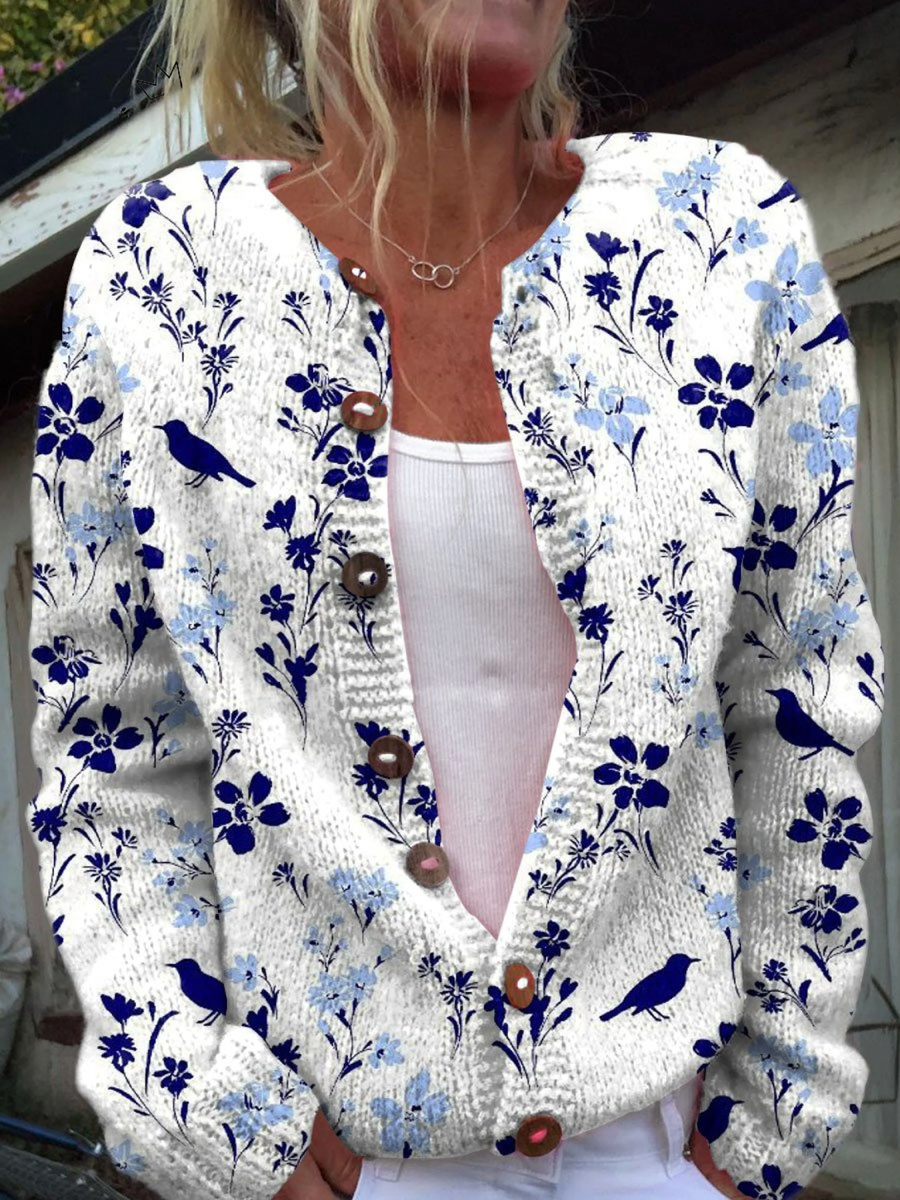 Vynora™ | Cardigan in Maglia con Stampa Vintage di Fiori e Uccelli con Bottoni Frontali