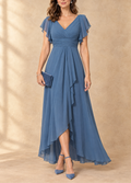 Denise | Abito Lungo in Chiffon Asimmetrico con Maniche a Volant