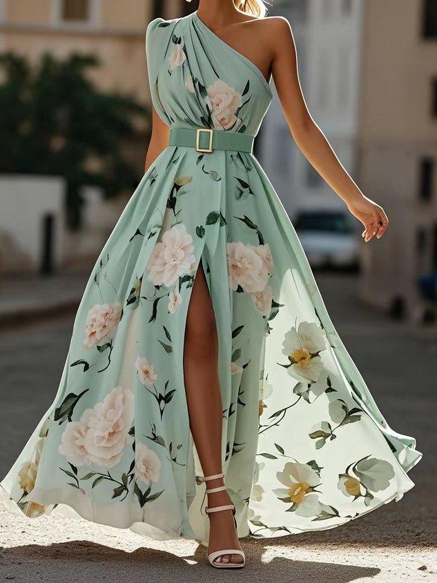 Abito Maxi in Chiffon Verde Chiaro con Fiori Arricciato a Spalla Unica A-Line
