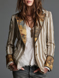 Blazer Boho da Donna a Righe con Revers Stampato