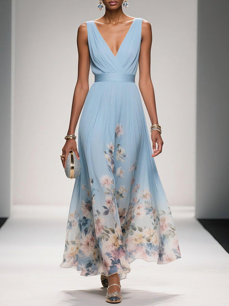 Abito Maxi A-Line Senza Maniche con Scollatura a V in Chiffon Floreale Blu Chiaro